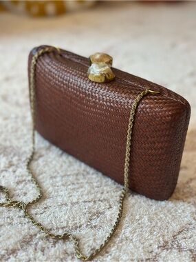 Stone Clasp Lea Newman Woven Brown Clutch Natural Chain Crossbody